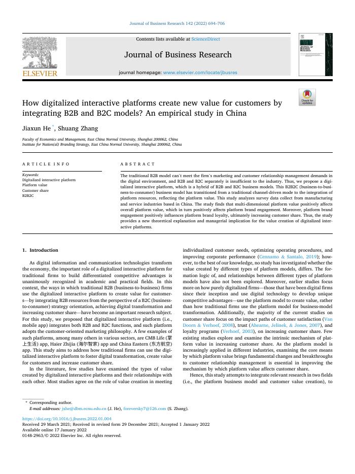 How digitalized interactive platforms create new value for customers by integrating B2B and B2C models? An empirical study in China
