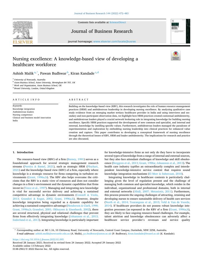 Nursing excellence: A knowledge-based view of developing a healthcare workforce