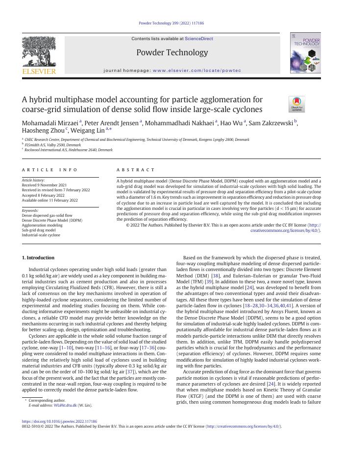 A hybrid multiphase model accounting for particle agglomeration for coarse-grid simulation of dense solid flow inside large-scale cyclones