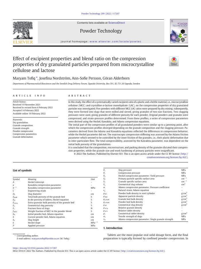 Effect of excipient properties and blend ratio on the compression properties of dry granulated particles prepared from microcrystalline cellulose and lactose