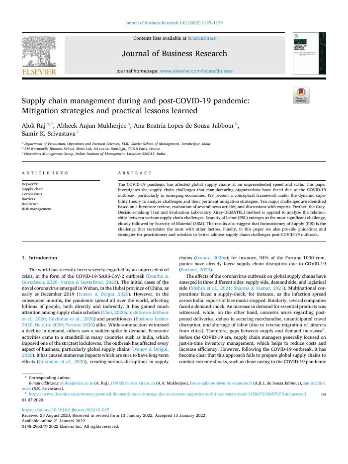 Supply chain management during and post-COVID-19 pandemic: Mitigation strategies and practical lessons learned