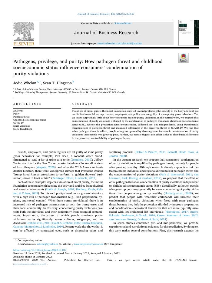 Pathogens, privilege, and purity: How pathogen threat and childhood socioeconomic status influence consumers’ condemnation of purity violations