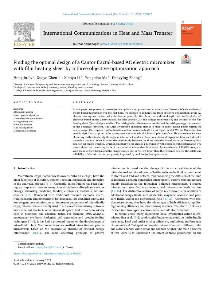 Finding the optimal design of a Cantor fractal-based AC electric micromixer with film heating sheet by a three-objective optimization approach