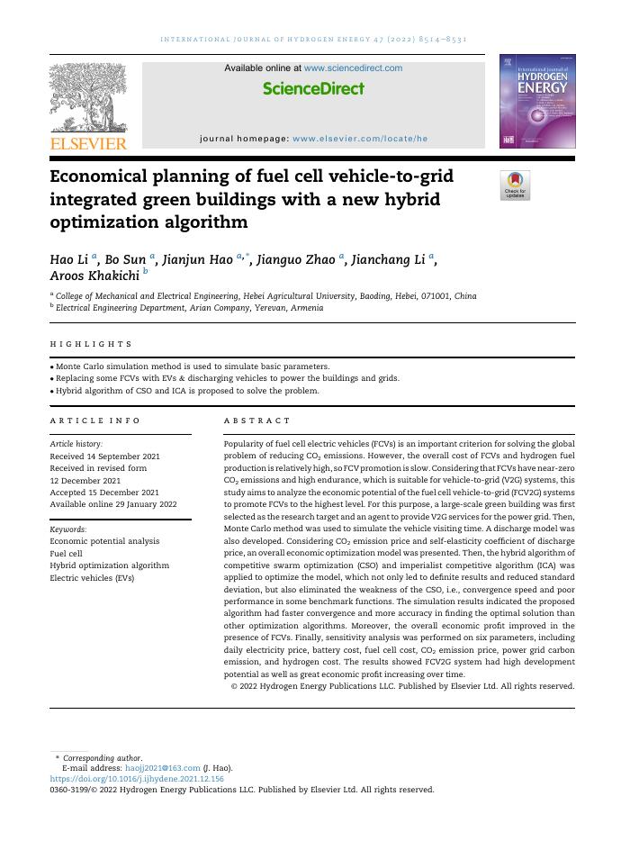 Economical planning of fuel cell vehicle-to-grid integrated green buildings with a new hybrid optimization algorithm