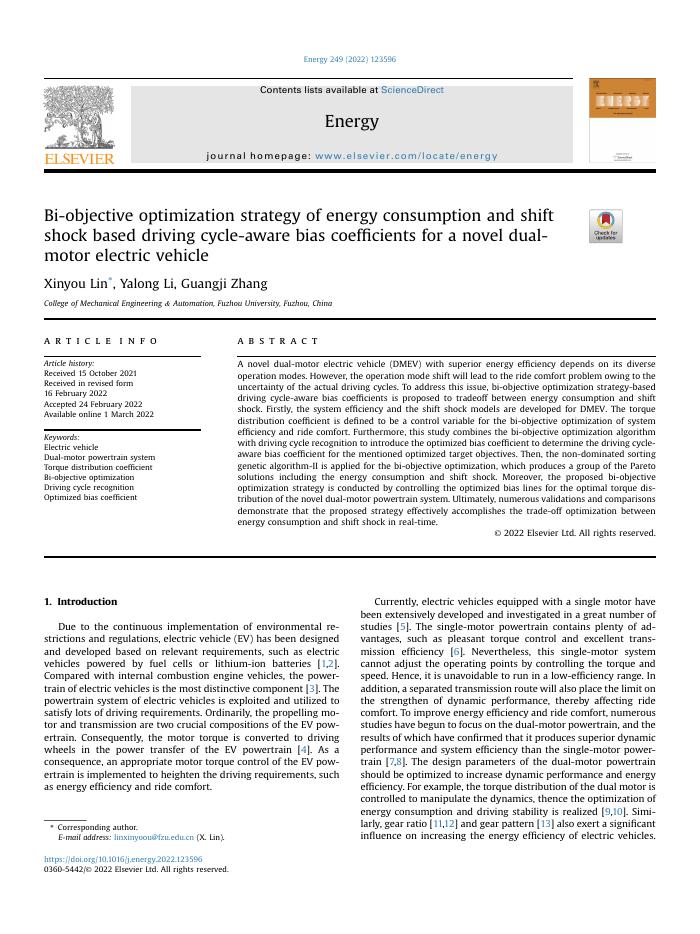 Bi-objective optimization strategy of energy consumption and shift shock based driving cycle-aware bias coefficients for a novel dual-motor electric vehicle