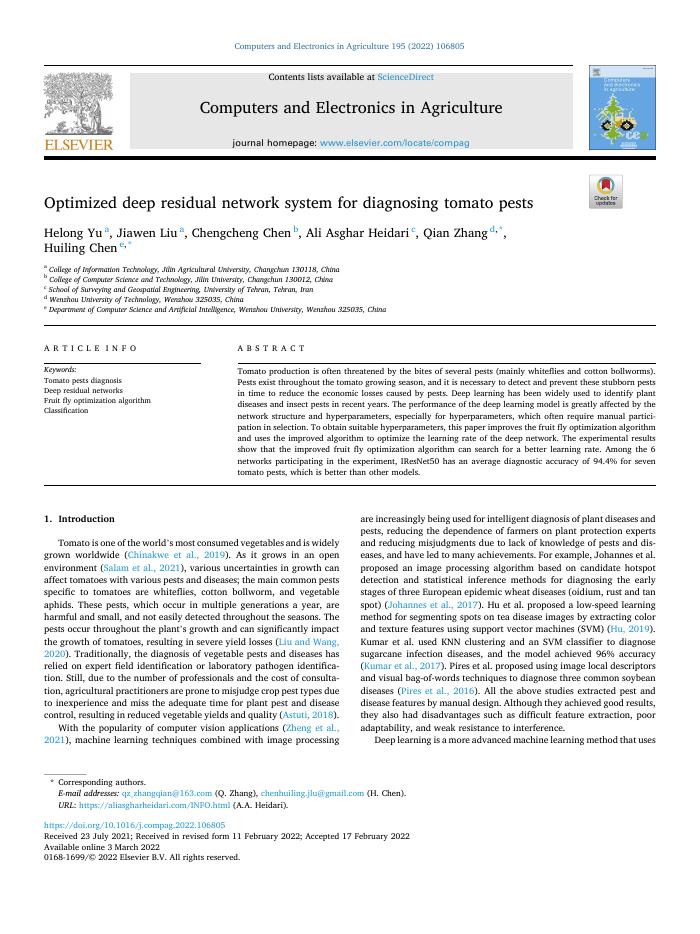 Optimized deep residual network system for diagnosing tomato pests