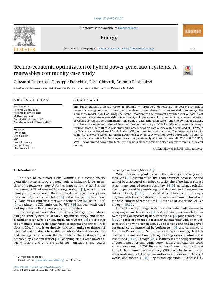 Techno-economic optimization of hybrid power generation systems: A renewables community case study