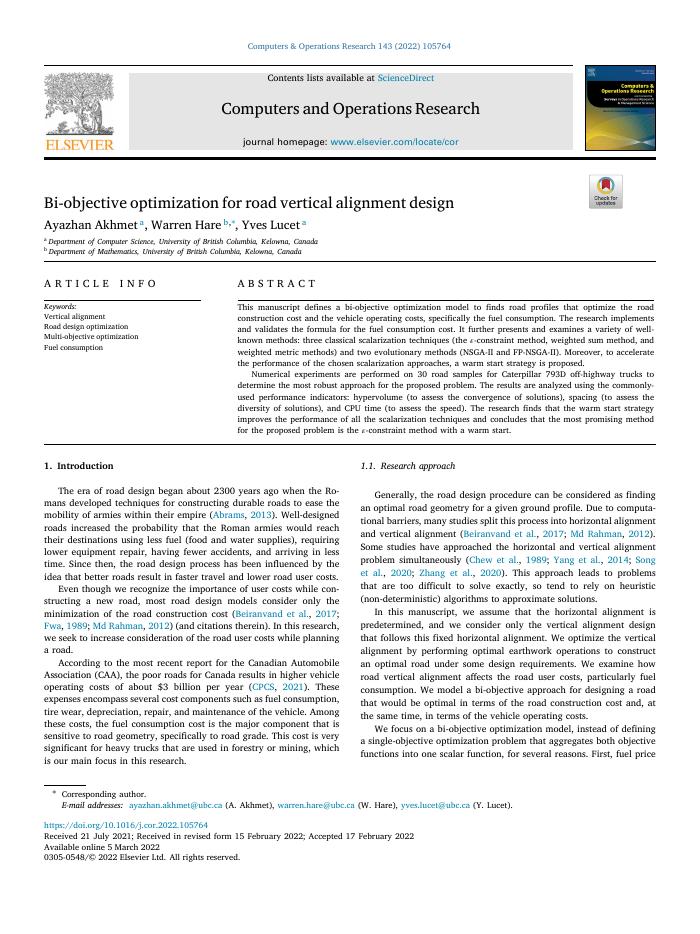 Bi-objective optimization for road vertical alignment design