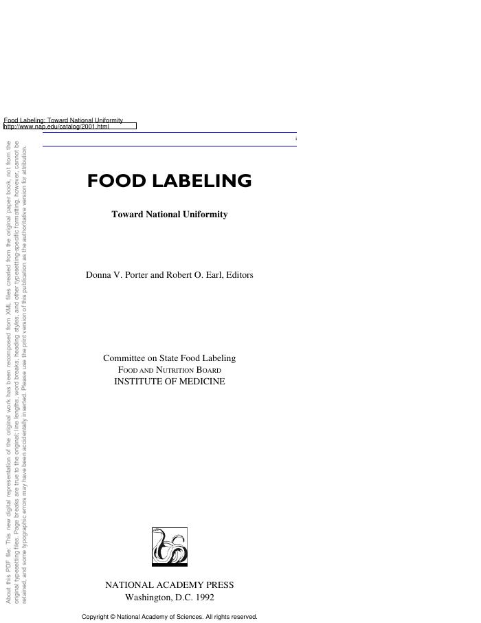 Food Labeling Toward National Uniformity