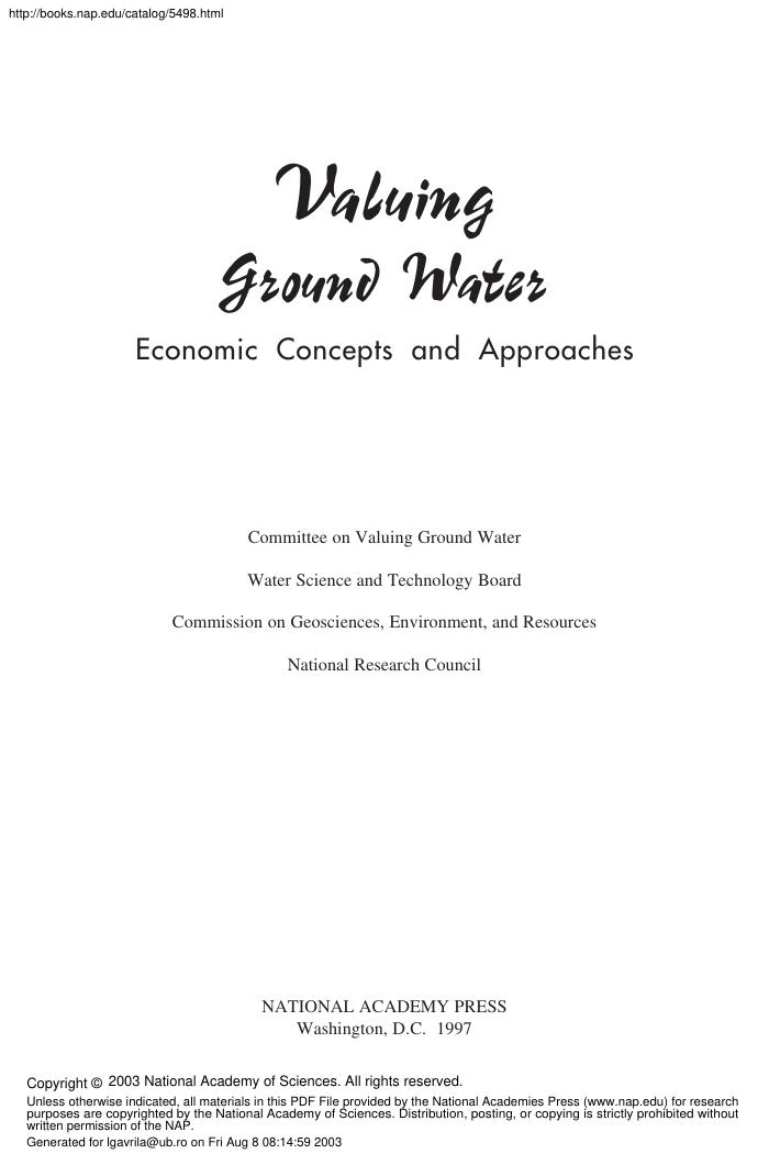 Valuing Ground Water Economic Concepts and Approaches