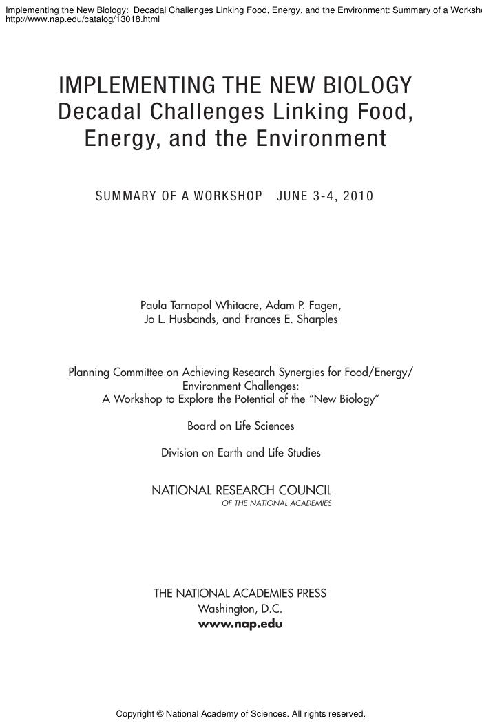 Implementing the New Biology Decadal Challenges Linking Food, Energy, and the Environment