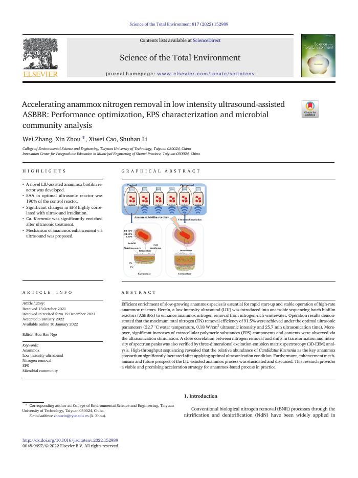Accelerating anammox nitrogen removal in low intensity ultrasound-assisted ASBBR: Performance optimization, EPS characterization and microbial community analysis