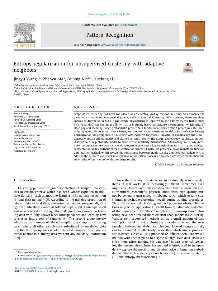Entropy regularization for unsupervised clustering with adaptive neighbors