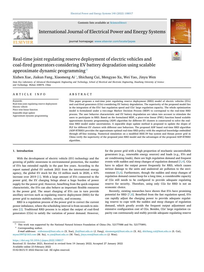 Real-time joint regulating reserve deployment of electric vehicles and coal-fired generators considering EV battery degradation using scalable approximate dynamic programming