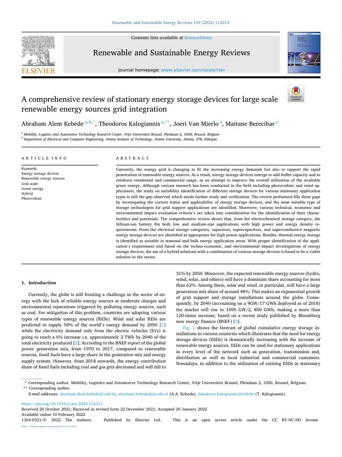 A comprehensive review of stationary energy storage devices for large scale renewable energy sources grid integration