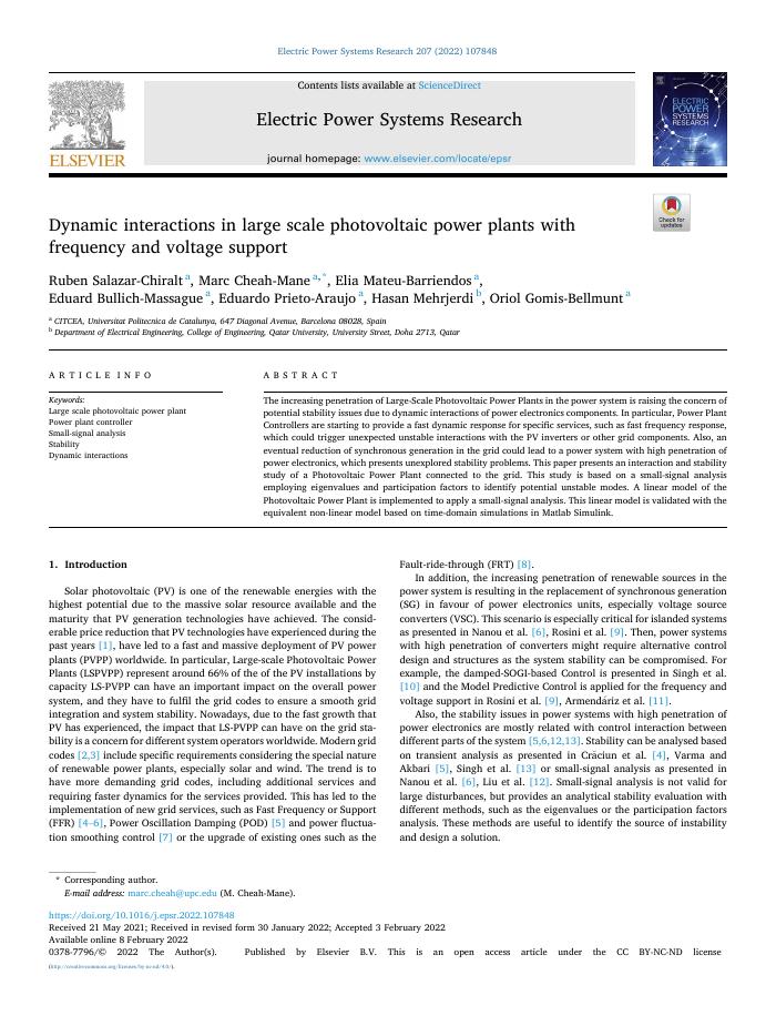 Dynamic interactions in large scale photovoltaic power plants with frequency and voltage support