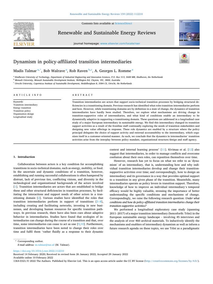 Dynamism in policy-affiliated transition intermediaries