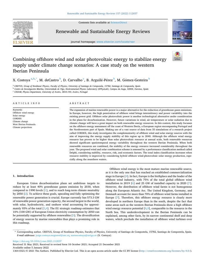 Combining offshore wind and solar photovoltaic energy to stabilize energy supply under climate change scenarios: A case study on the western Iberian Peninsula