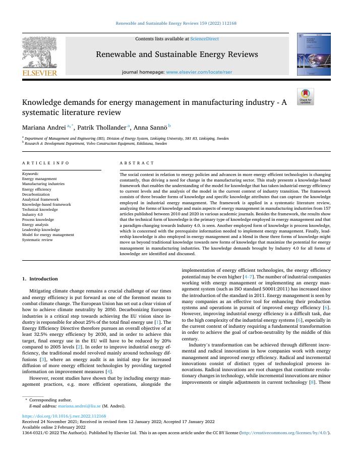 Knowledge demands for energy management in manufacturing industry - A systematic literature review